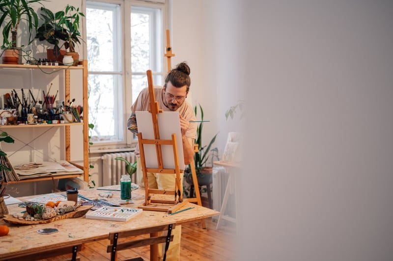 Artist creating original work in a studio, protected by copyright