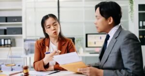 Insights 67 Two professionals discussing legal paperwork at a desk with justice scales — disciplinary procedures in the UK