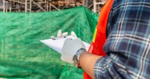 Insights 72 Construction worker in gloves writing on a clipboard checklist at a site — retention disputes in UK construction