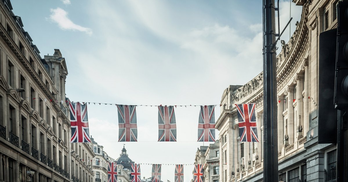 British high street with Union Jack bunting and shops on a sunny day — UK transitional rate relief for business premises